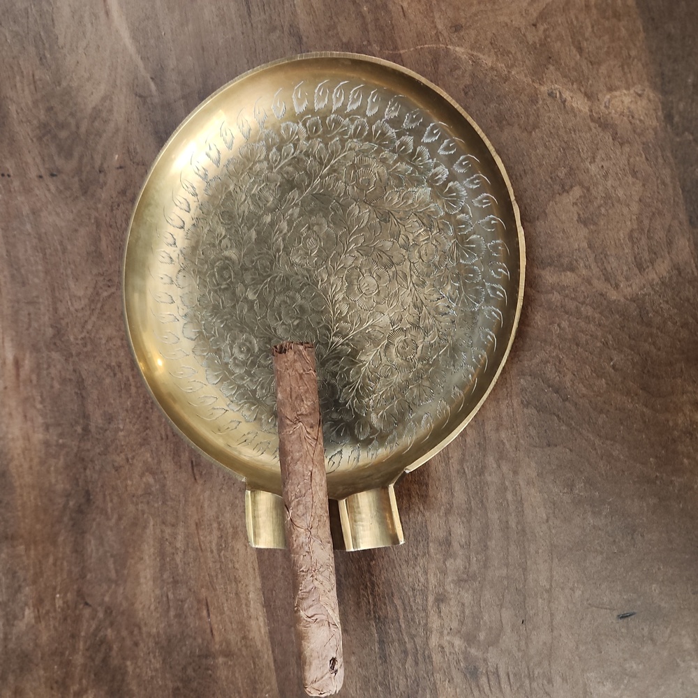 Vintage Brass Round Engraved  With Flowers Ashtray 7 Inch. India